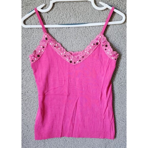 Yuka Tops - Yuka Women's Size PL Sleeveless Camisole Tank Top Beaded Sequin Lace Trim Pink